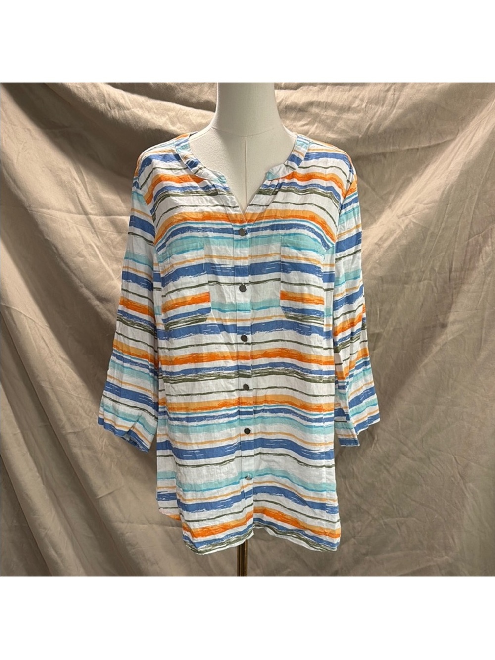 Coral Bay Striped Button-Down Tunic in White, Blue & Orange